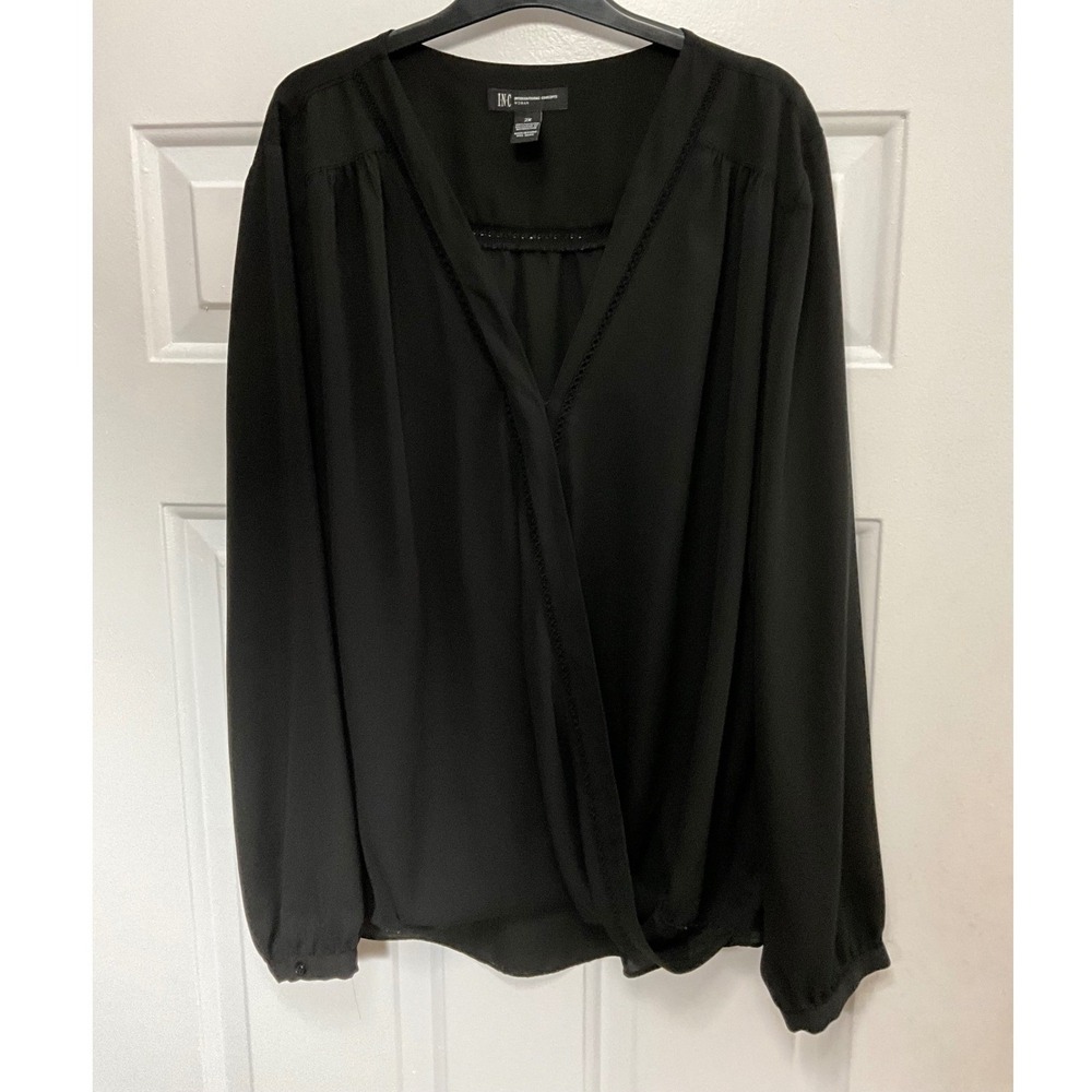 INC International Concepts Black Surplice Lace Trim Blouse Plus Size 2X 71220BW